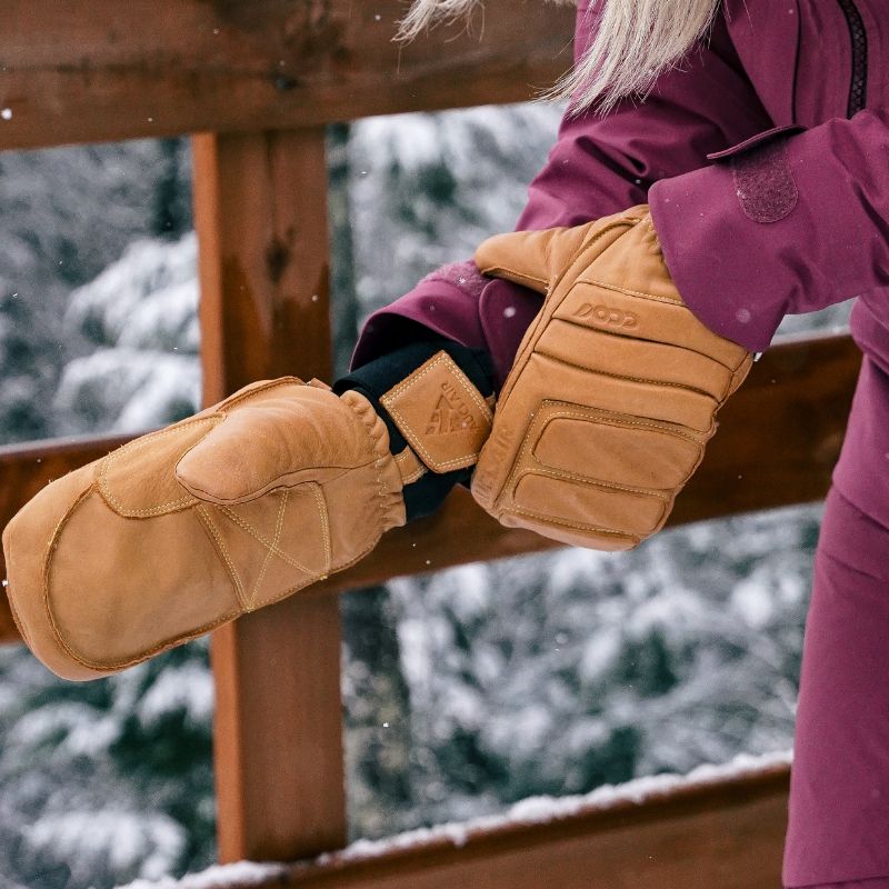 Model wearing Eco Racer Mitts outside