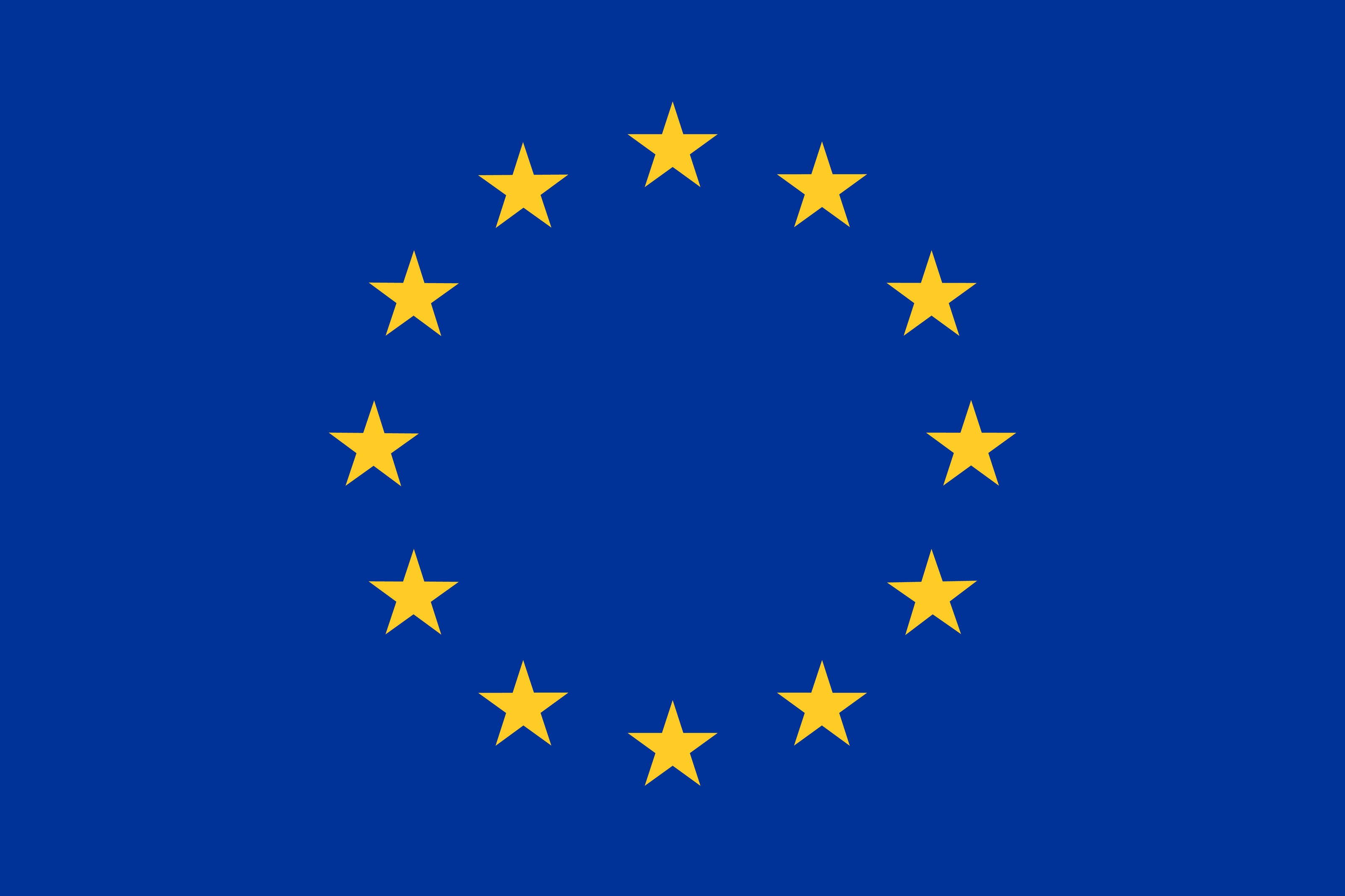 The European Union flag with a blue background and a circle of twelve yellow stars.